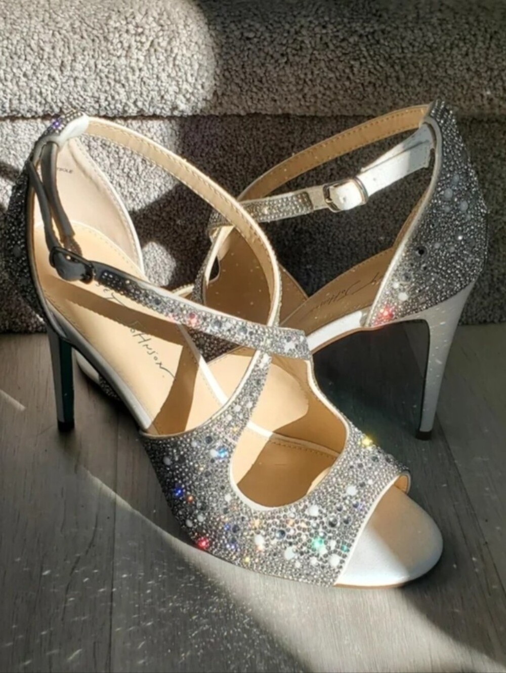 Betsey Johnson Silver Crystal-Strap Peep Toe Heels
